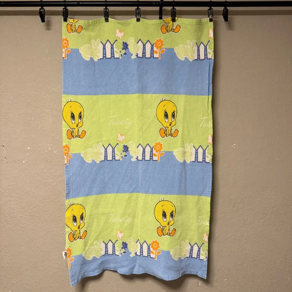 Vtg 90s Y2K Baby Looney Tunes Tweety Bird waffle knit crib blanket - 50 x 30